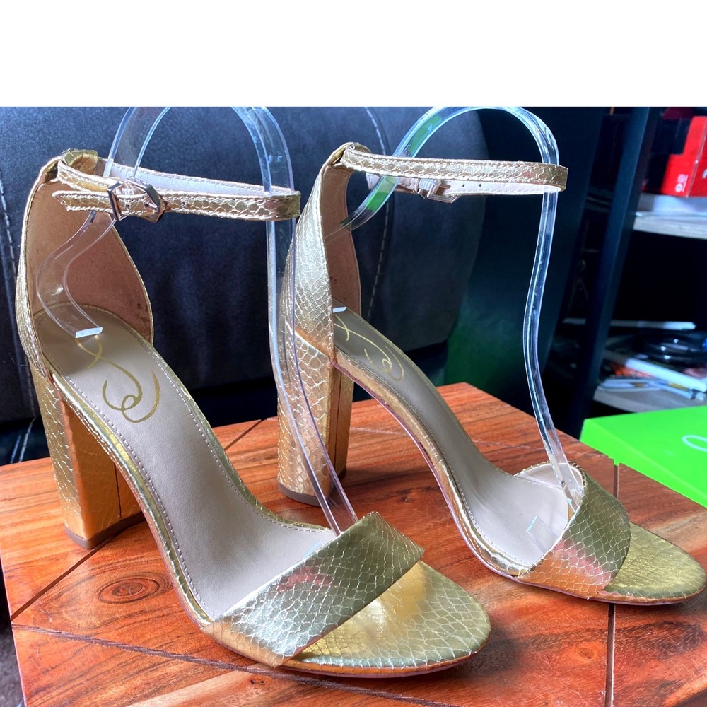 Sam Edelman Gold Heels Ankle Strap Boa Print  Party Shoes Size 7.5 New With Box